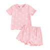 Kupretty Toddler Baby Girl Summer Clothes Ruffle Ribbed Knit Short Sleeves T-Shirt Tops + Shorts Cute Outfits Set (T-Pink Floral