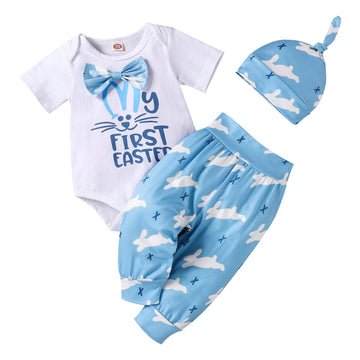 Baby Boy Easter Outfits Newborn Clothes Stuff Infant Summer 3 Piece My First Easter Romper Short Sleeve + Pants + Hat Blue Rabbi