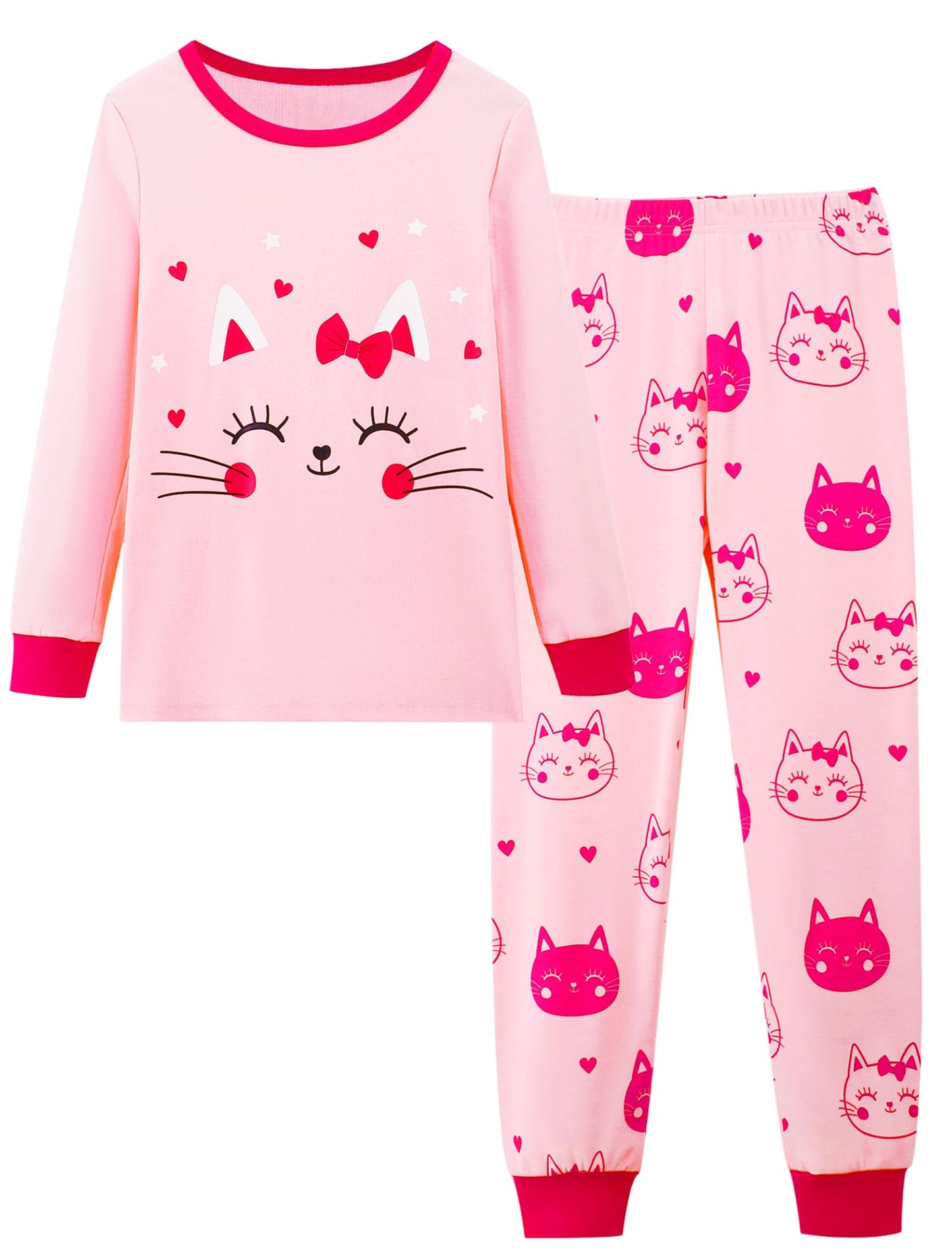 Mikrdoo Girls Pajamas Kids Soft Cute Cotton Long Sleeve 2 Piece Stretchy SnugFit Pjs Set for Girls Size 414, Pink Cat, 5T