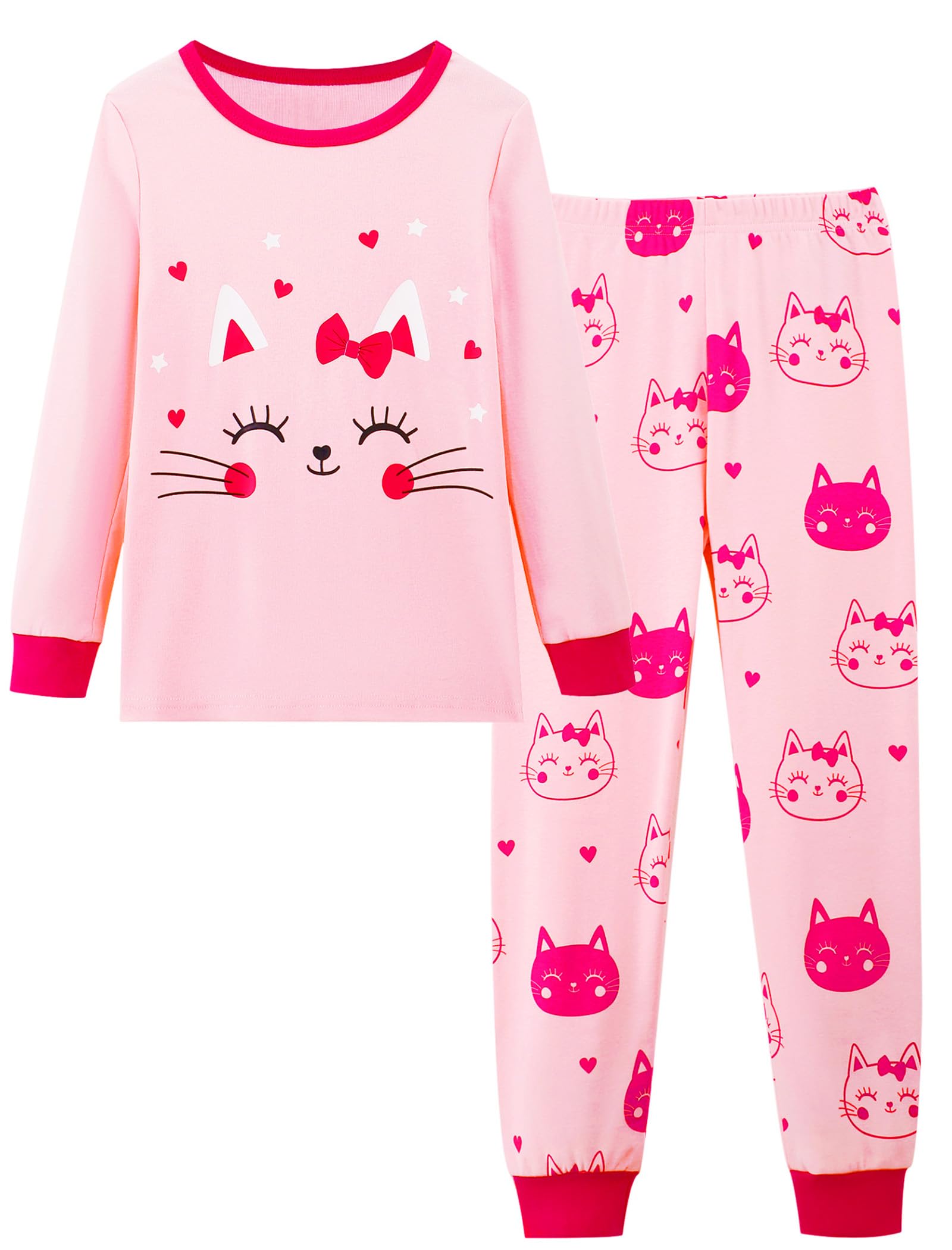 Mikrdoo Girls Pajamas Kids Soft Cute Cotton Long Sleeve 2 Piece Stretchy SnugFit Pjs Set for Girls Size 414, Pink Cat, 5T