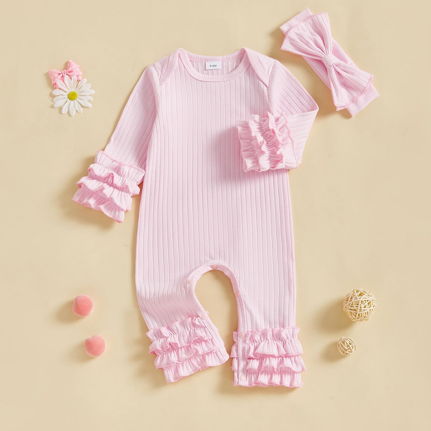 Fiomva Baby Girl Fall Outfits Newborn Ribbed Knit Romper Coming Home Outfit Infant Ruffle Jumpsuit Valentines Clothes (D Ribbed