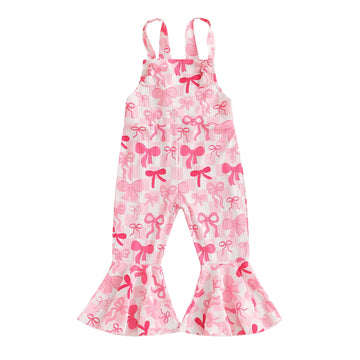 Yokjzjd Toddler Baby Girl Valentines Day Outfit Bow Print Suspender Romper Jumpsuit Overalls Bell Bottom Pants Fall Clothes (Pin