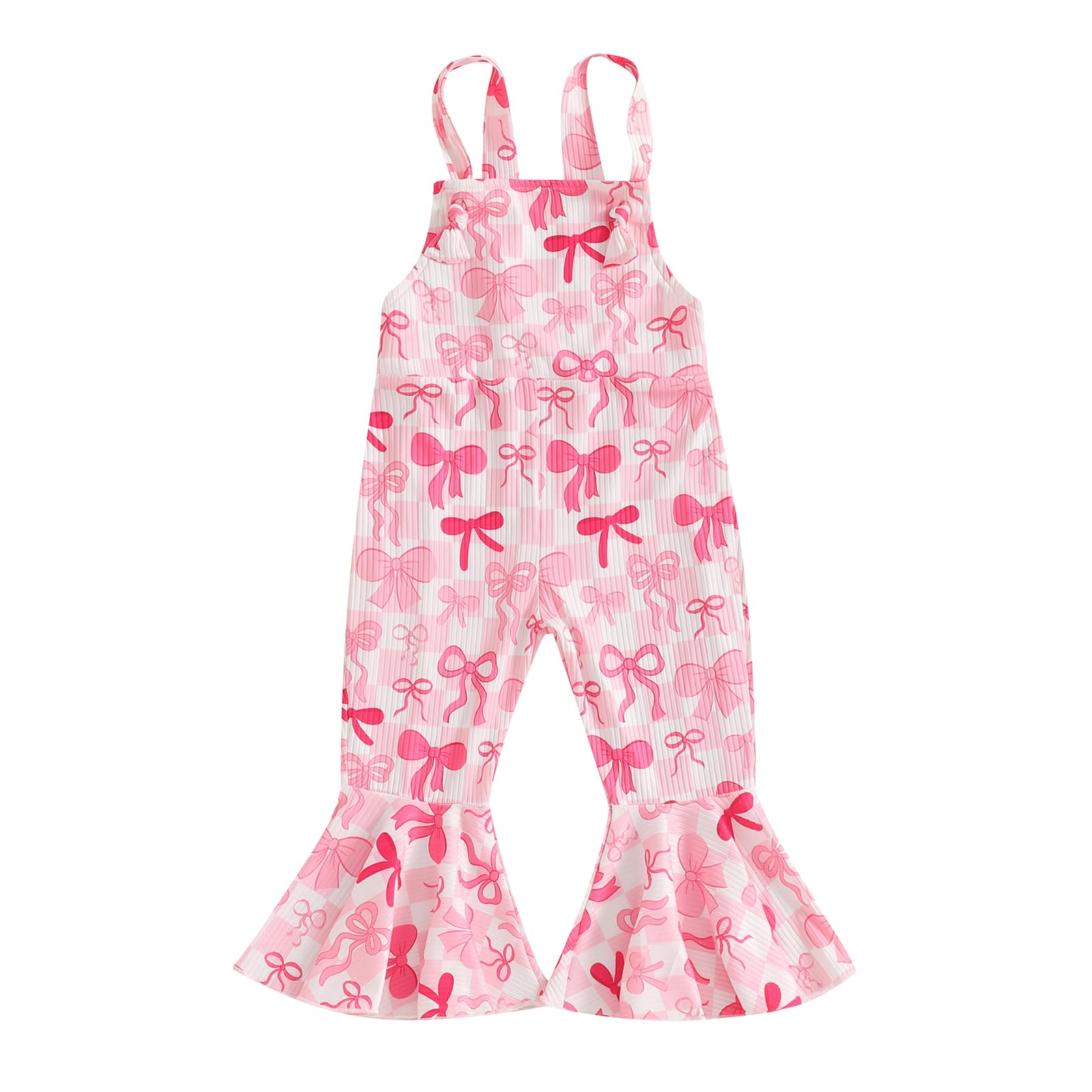 YOKJZJD Toddler Baby Girl Outfit Bow Print Suspender Romper Jumpsuit Overalls Bell Bottom Pants Fall Clothes (Pink, 18-24 Months