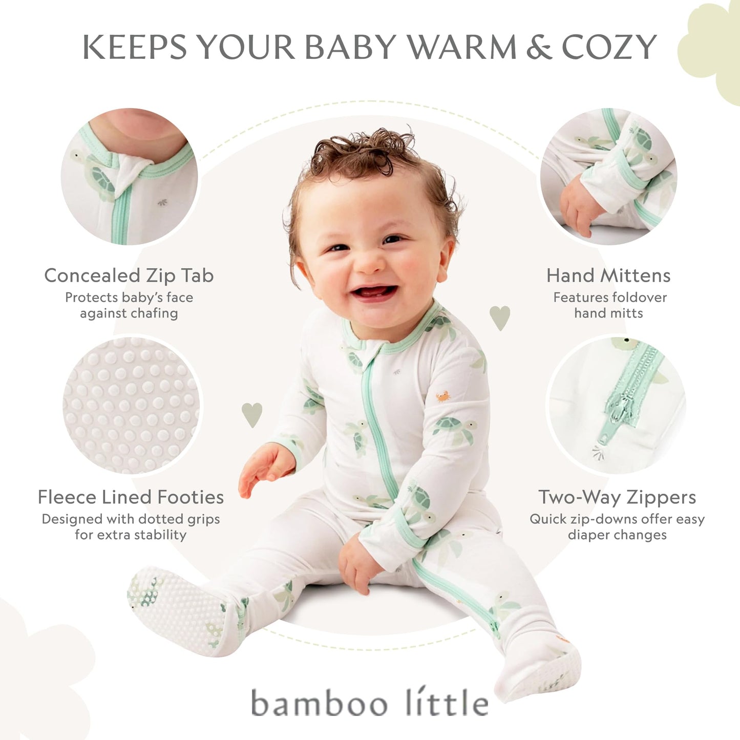 Turtle Footie For Baby - 95% Viscose From Bamboo, 5% Spandex - Soft Newborn Sleepwear, Baby Pajamas, Unisex Baby Clothes, Zipper