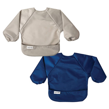 Tiny Twinkle Mess Proof Baby Bib, 2 Pack Long Sleeve Bib Outfit, Waterproof Bibs For Toddlers, Machine Washable, Tug Proof (Grey