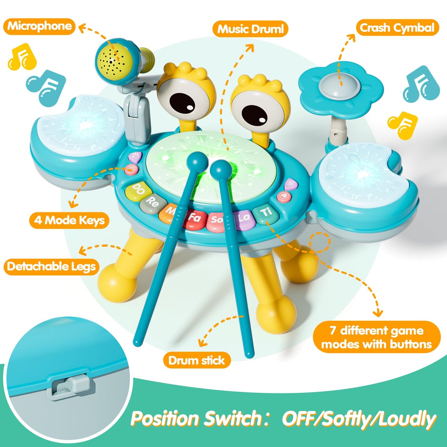 Toddler Drum Set for Kids 1-3, Baby Drum Set 1 Year Old with Light-Up Microphone, Musical Instruments Montessori Learning Toys f