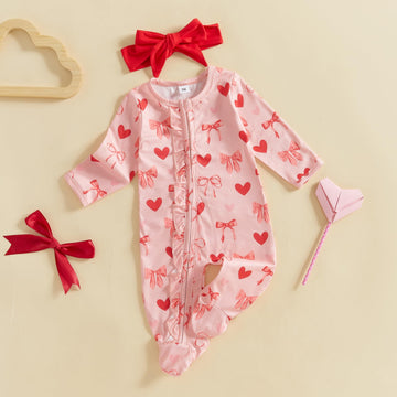 Doisbetthsay Valentines Day Baby Girl Outfit Long Sleeve Heart Print Romper Bodysuit Jumpsuit With Headband Baby Clothes (Bow Pi