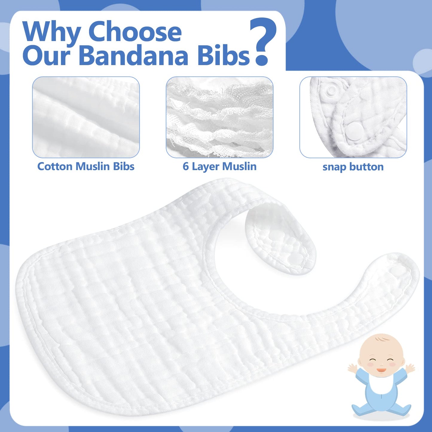 Reginary 30 Pack White Muslin Baby Bibs Bulk Adjustable 6 Layers Baby Bandana Drool Bibs For Baby Boys Girls Newborn Cotton Bibs