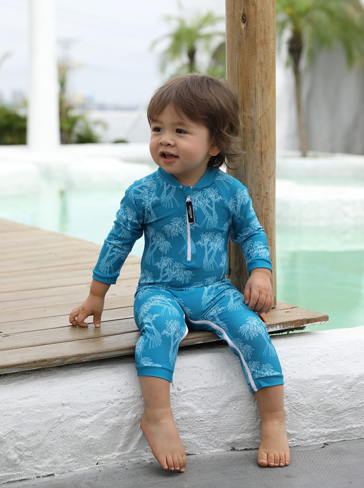 Wevswe Baby Toddler Sun Protection Rash Guard Swimsuit With Crotch Zipper Tree Peacock Blue Bathing Suit 12-18 Months