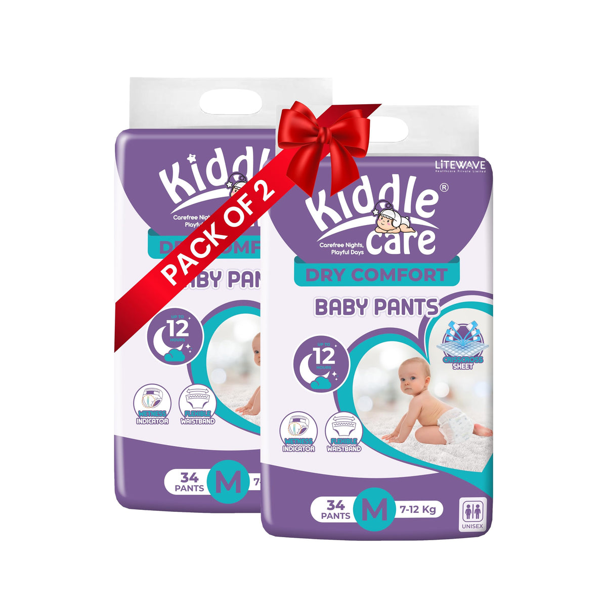 Kiddle Care Dry Comfort Advanced Soft Baby Diaper Pants | Medium (M) | Pack Of 2 | 68 Pieces | 712 Kg | Up To 12 Hours Protecti