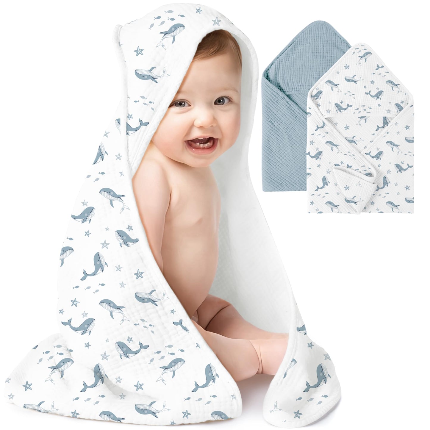 Konssy 2-Pack Muslin Hooded Baby Towels, 100% Cotton, Ultra-Soft & Absorbent Baby Bath Towels with Hood for Newborn & Infant (Gr