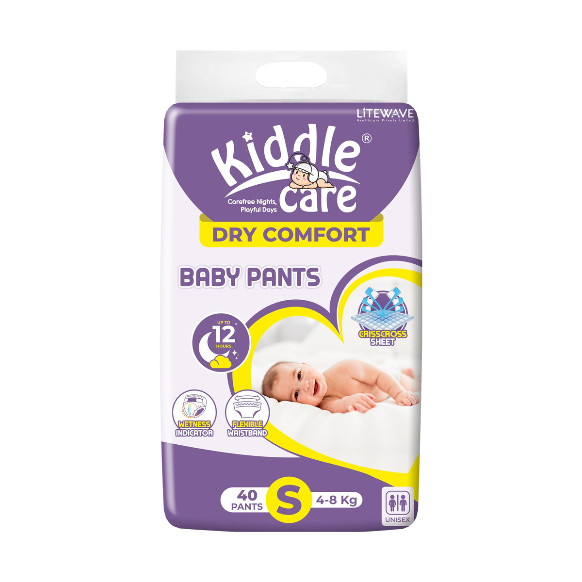 Kiddle Care Dry Comfort Baby Diaper Pants | Small (S) | Pack Of 1 | 40 Pieces | 48 Kg | Up To 12 Hours Protection, Prevents Lea