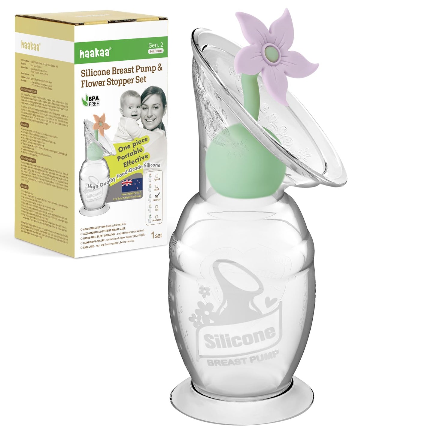 haakaa Manual Breast Pump with Flower Stopper Set, Gen.2 Silicone Hand Pump with Suction Base, BPA Free (5oz/150ml, Lavender)