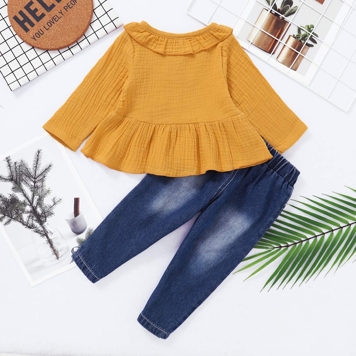 18 Months Girl Clothes Toddler Baby Girl Outfits Ruffle Long Sleeve Top Ripped Denim Jeans 2Pcs Pant Set Boutique 18-24 Months G