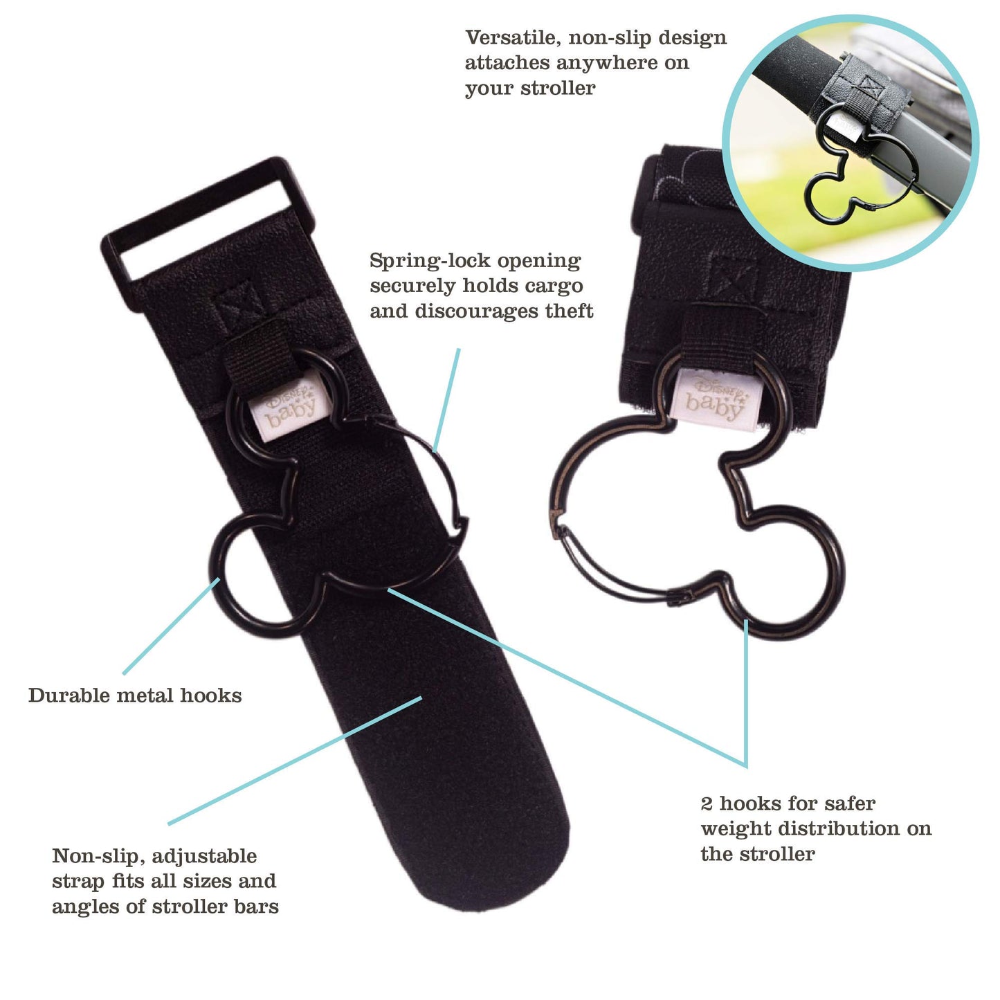 Disney Baby By J.L. Childress Mickey Mouse Stroller Hooks - Universal Stroller Clips With Non-Slip Straps - Durable Carabiners T