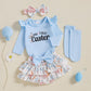 Beqeuewll Newborn Baby Girl Easter Outfit Bunny Clothes Long Sleeve Romper+Bloomers Tutu Skirt+Socks+Headband 4Pcs (First Easter