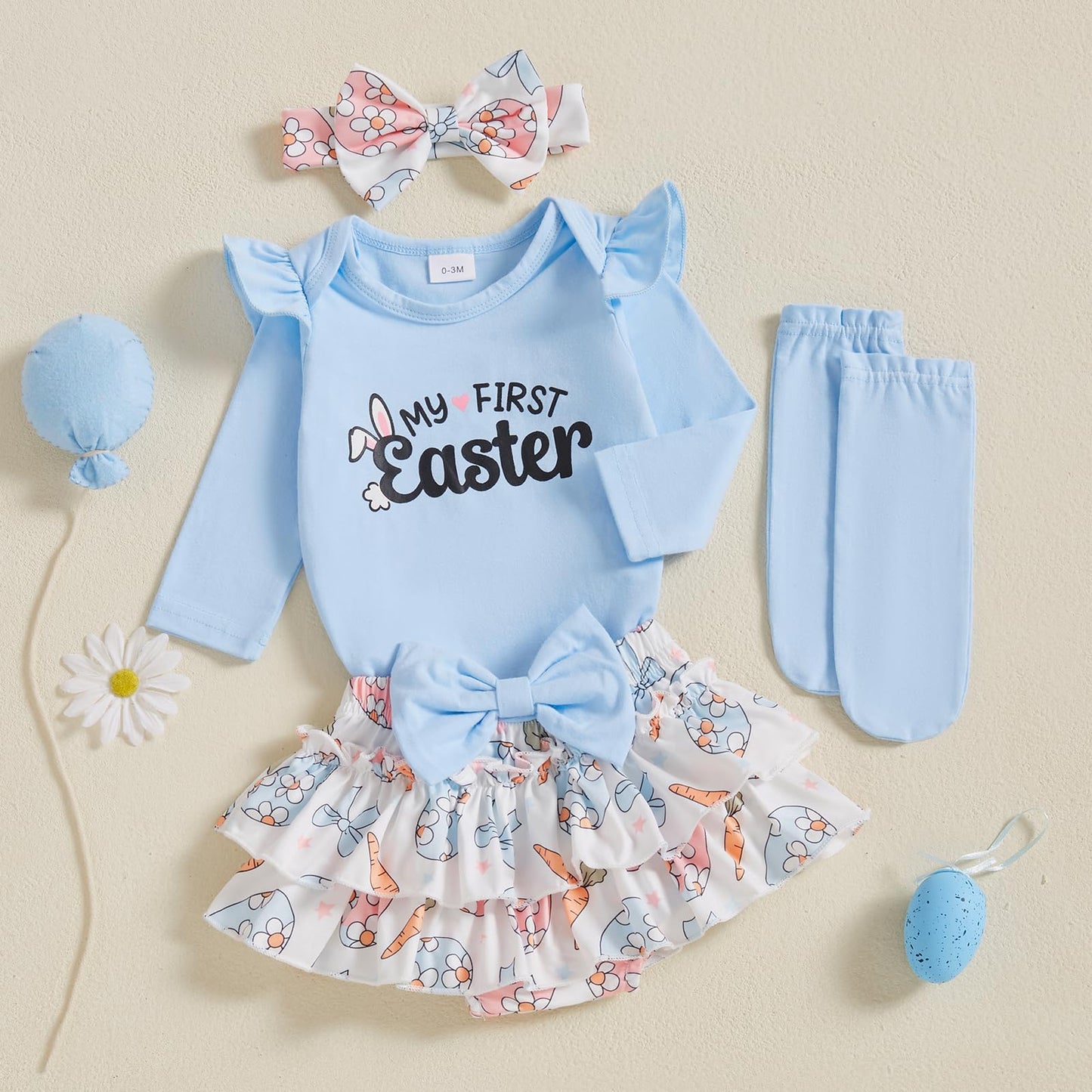 Beqeuewll Newborn Baby Girl Easter Outfit Bunny Clothes Long Sleeve Romper+Bloomers Tutu Skirt+Socks+Headband 4Pcs (First Easter