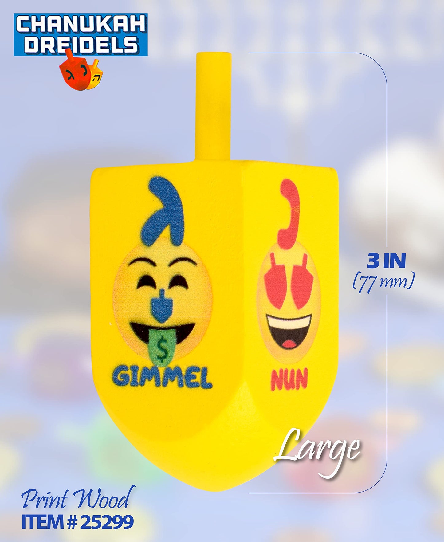 Izzy 'N' Dizzy Hanukkah Dreidels - Emoji Printed Wood Dreidel - 2 Pack Large - Chanukah Spinning Draidel Game