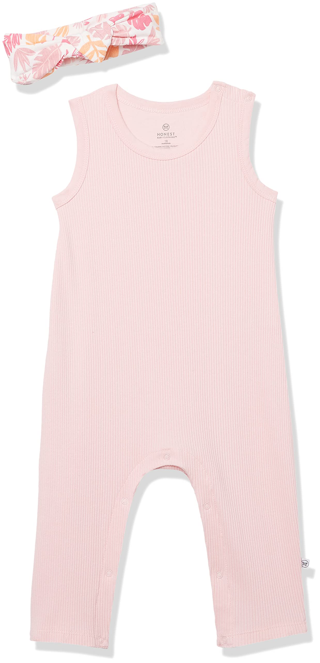 Honestbaby 2-Piece Organic Cotton Rib Romper W/Headband, Jungle Leaves Pink, 3-6 Months