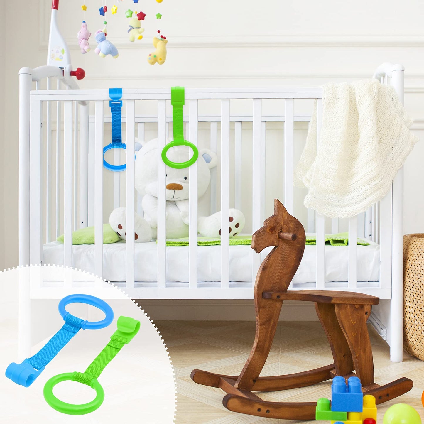 Baby Pull Up Rings, 2 Pcs Bed Stand Up Assistant, Play Gym Crib Pull Ring For Toddler Kids Children Walking Training Tool(Blue A