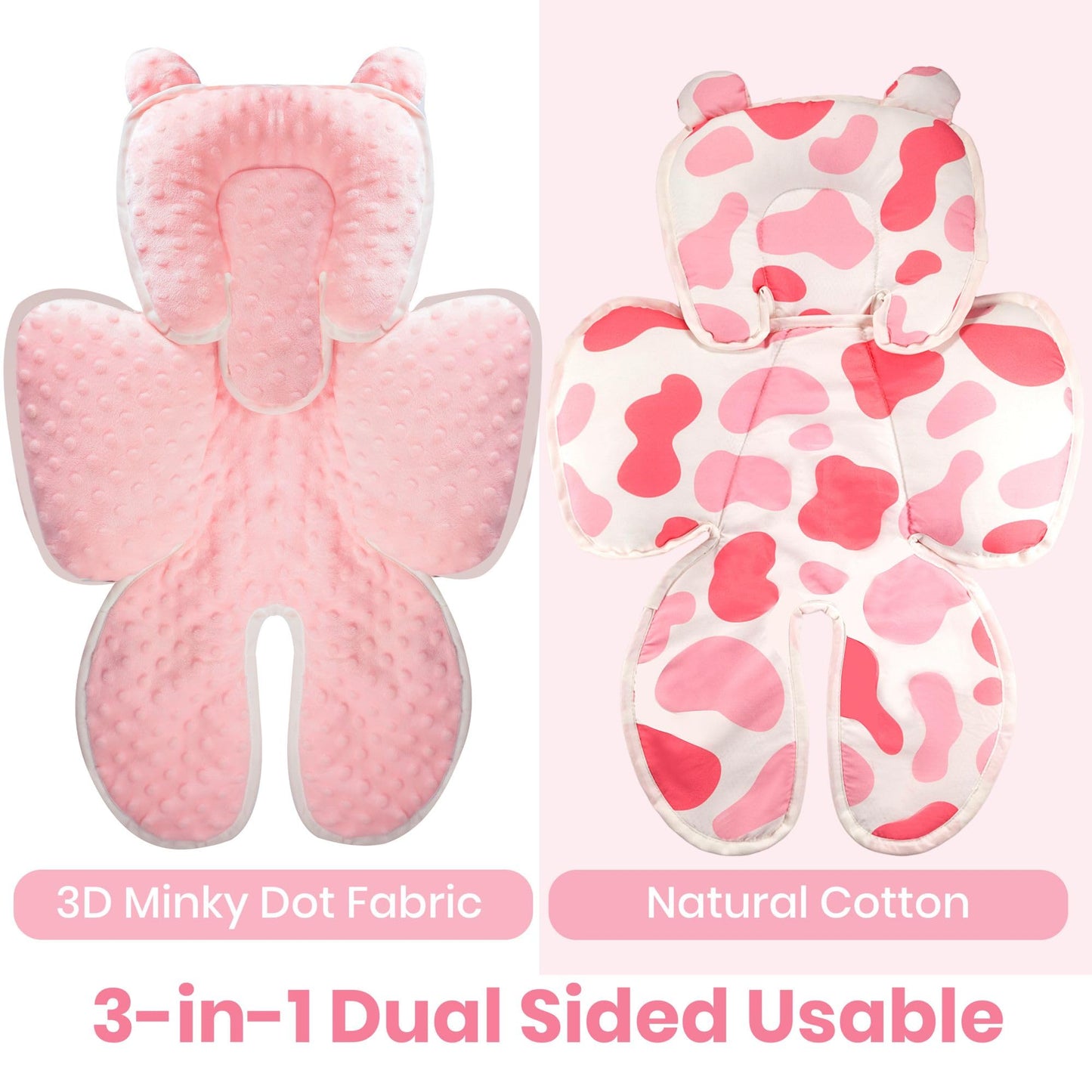 Honeau Baby 3In1 Car Seat Head Body Support,Reversible Cotton-Minnky Infant Car Seat Insert Newborn Boys Girls,Soft Breathable C