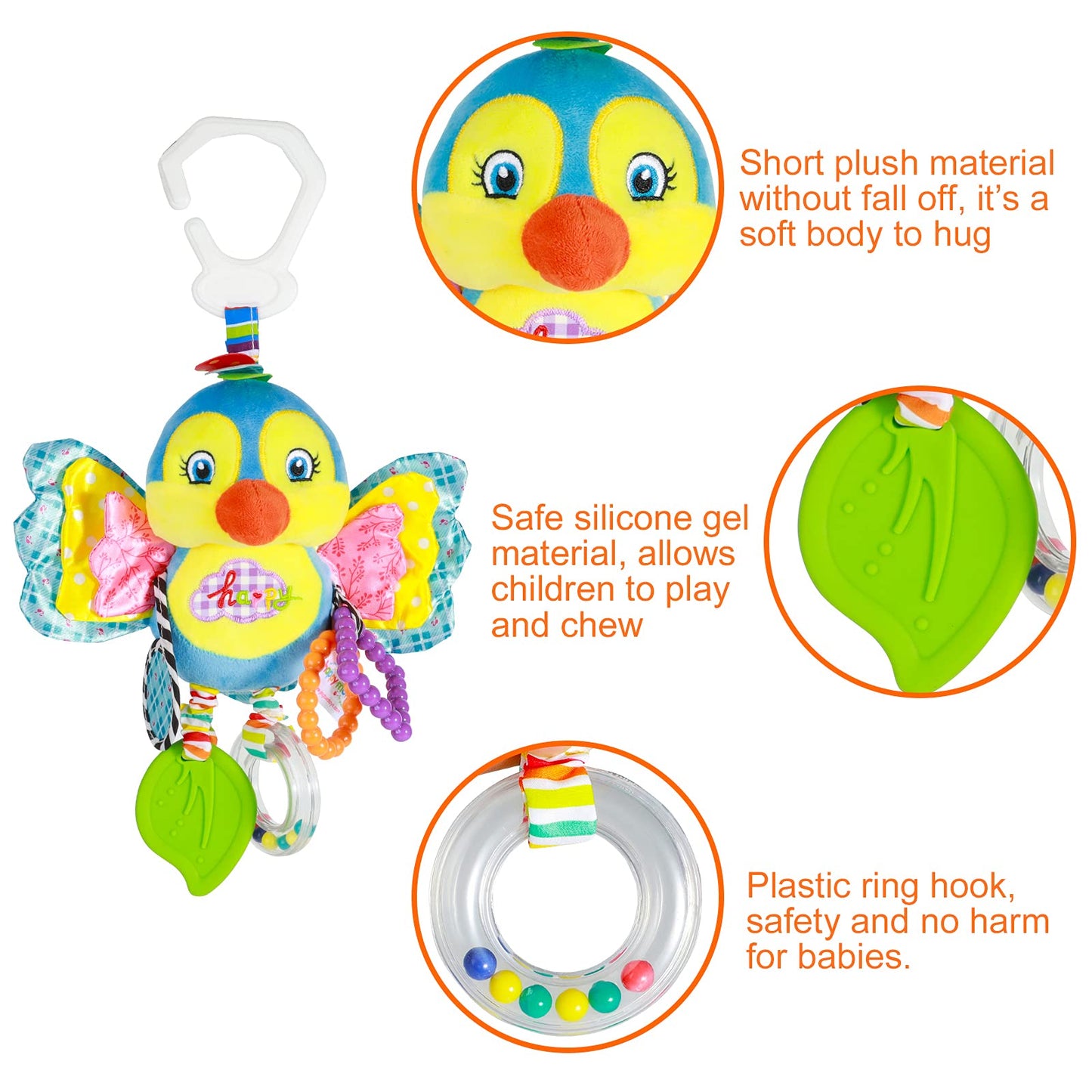 Funsland Baby Stroller and Car Seat Toys for Infant - Hanging Rattle Teether Clip on Soft Plush Baby Toys for Boys and Girls 3-1