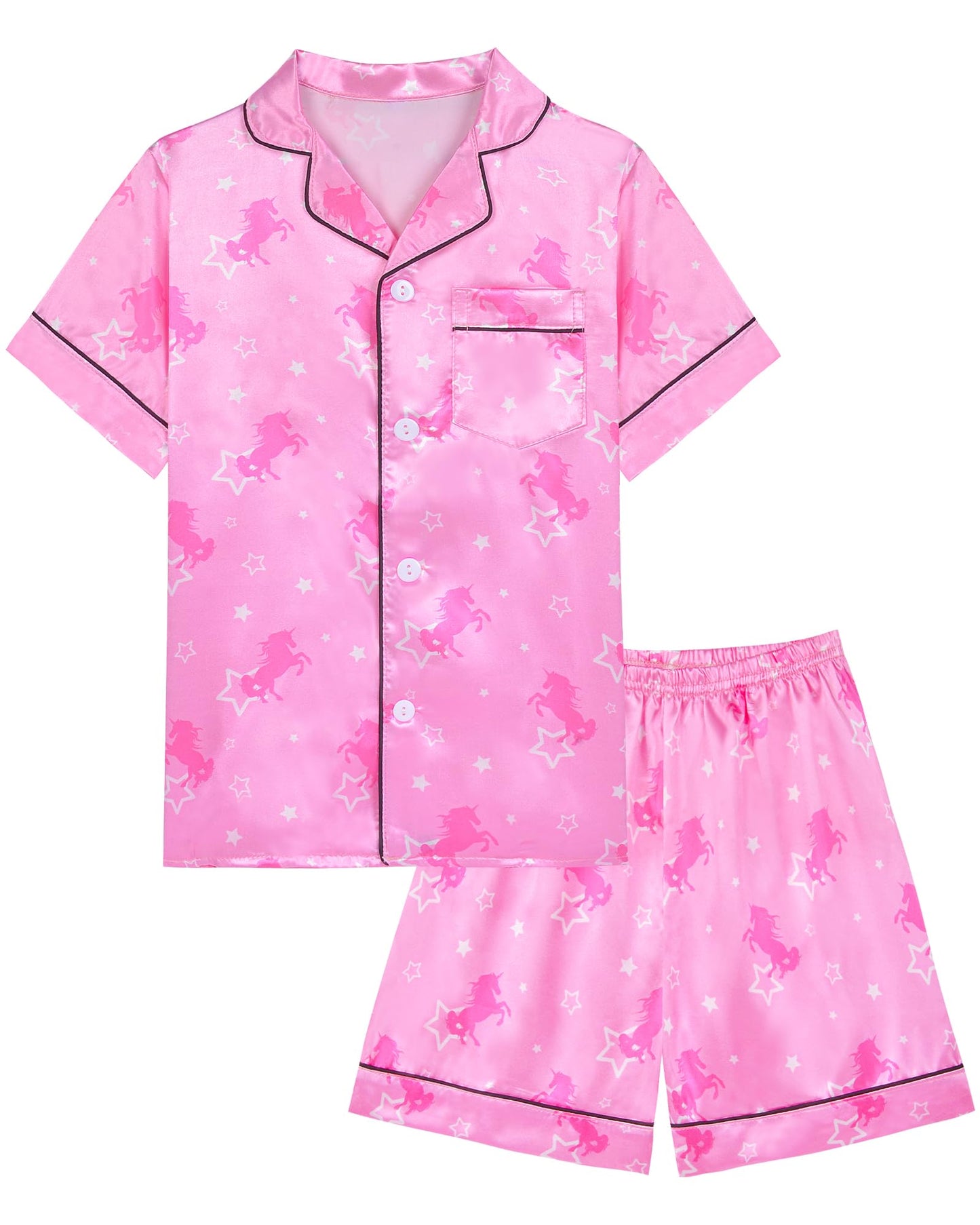 Kids Girls Pajama Set Silky PJS ButtonDown Sleepwear Nightwear Loungewear Clothes Set Gifts, Pink Unicorn, 56 Years