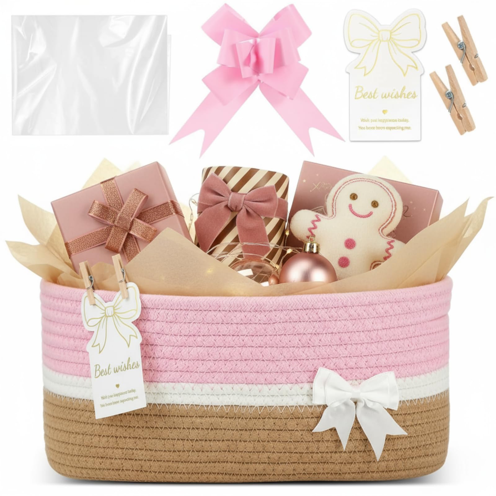 Colingmill Christmas Thanksgiving Small Woven Gift Basket for Nursery Room with Tissue Paper, Wooden Clips, Greeting Card, Empty