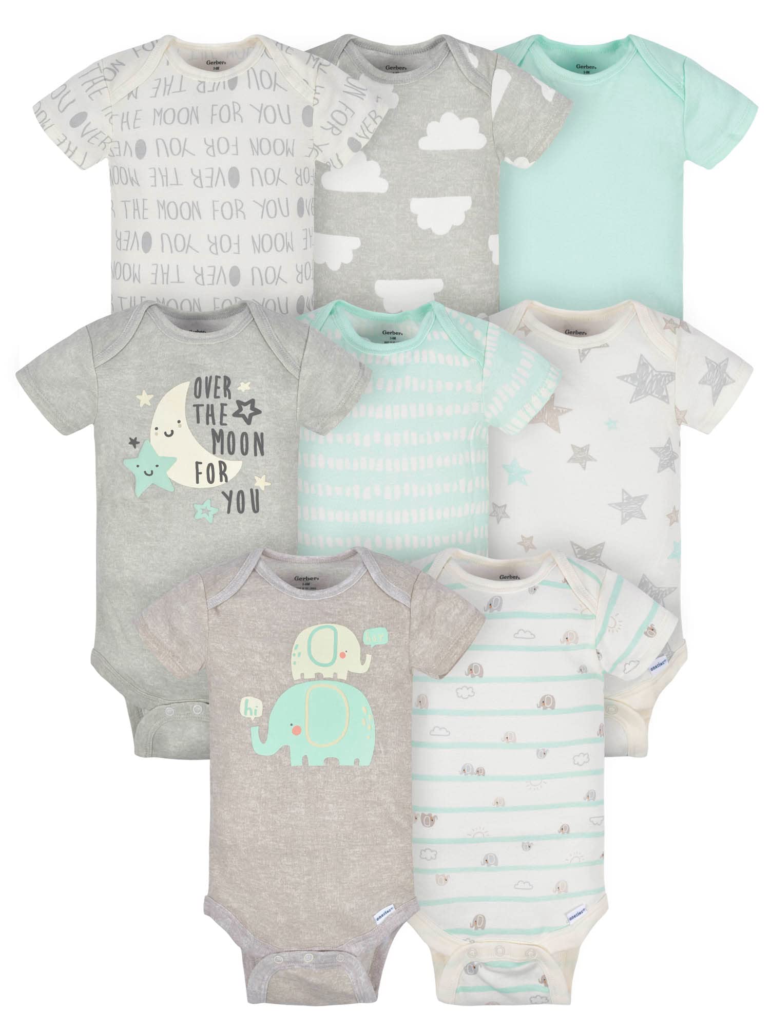 Gerber Baby 8-Pack Short Sleeve Onesies Bodysuits, Elephants, Newborn