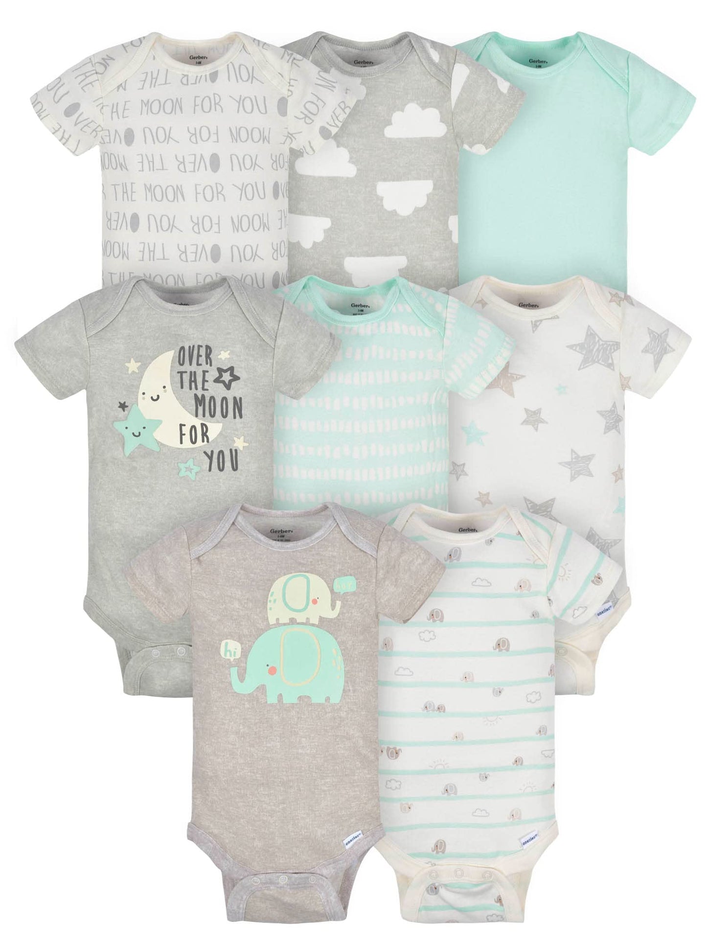 Gerber Baby 8-Pack Short Sleeve Onesies Bodysuits, Elephants, 0-3 Months
