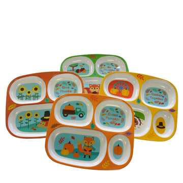 4E'S Novelty Fall Thanksgiving Dinnerware Divided Plates For Kids Melamine Plastic - Set Of 4 Thanksgiving Themed Dishes Plates,