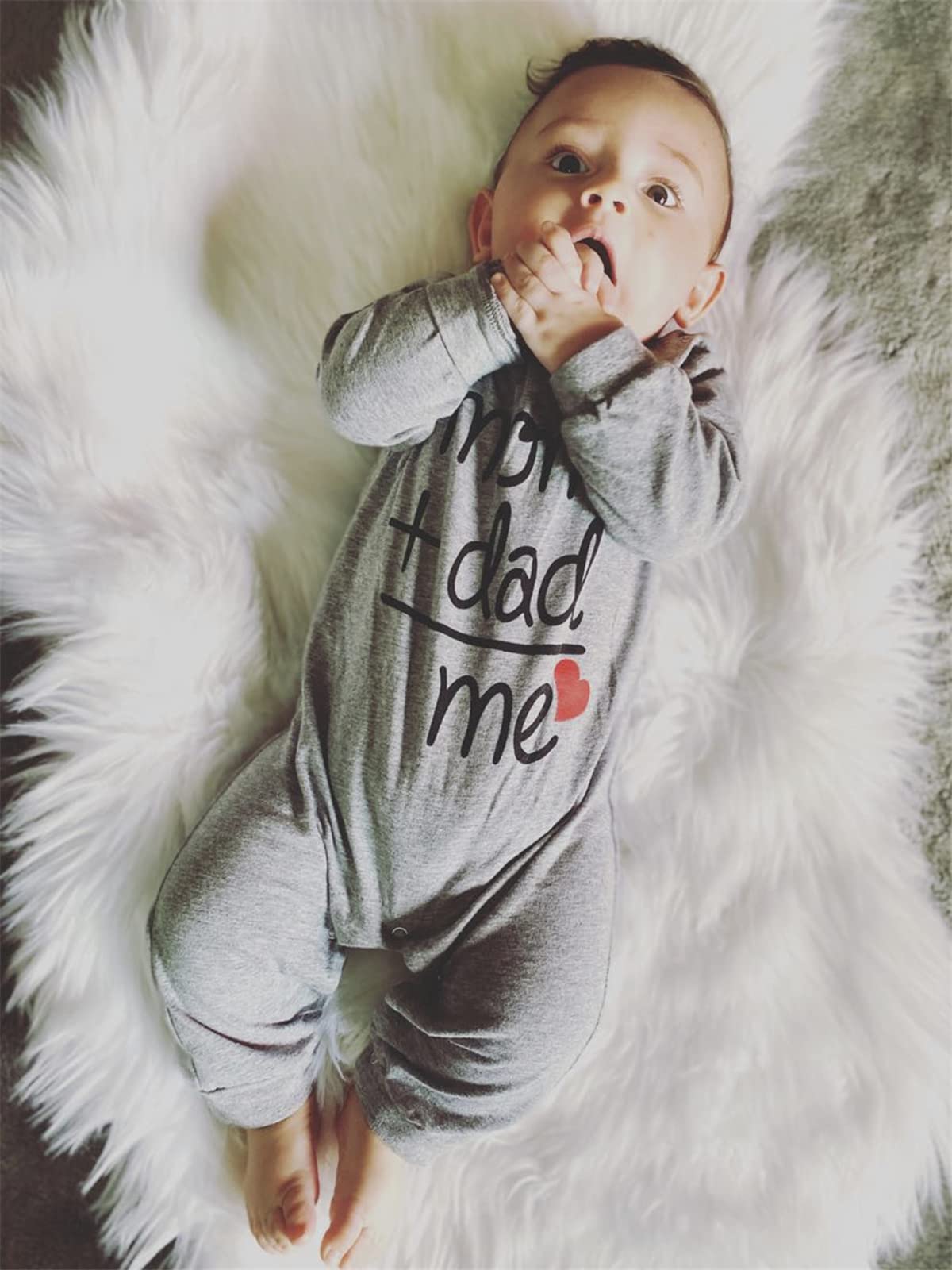 Derouetkia Baby Boys Girls Romper Letter Mom Plus Dad Equal Me Jumpsuit (3-6 Months) Gray