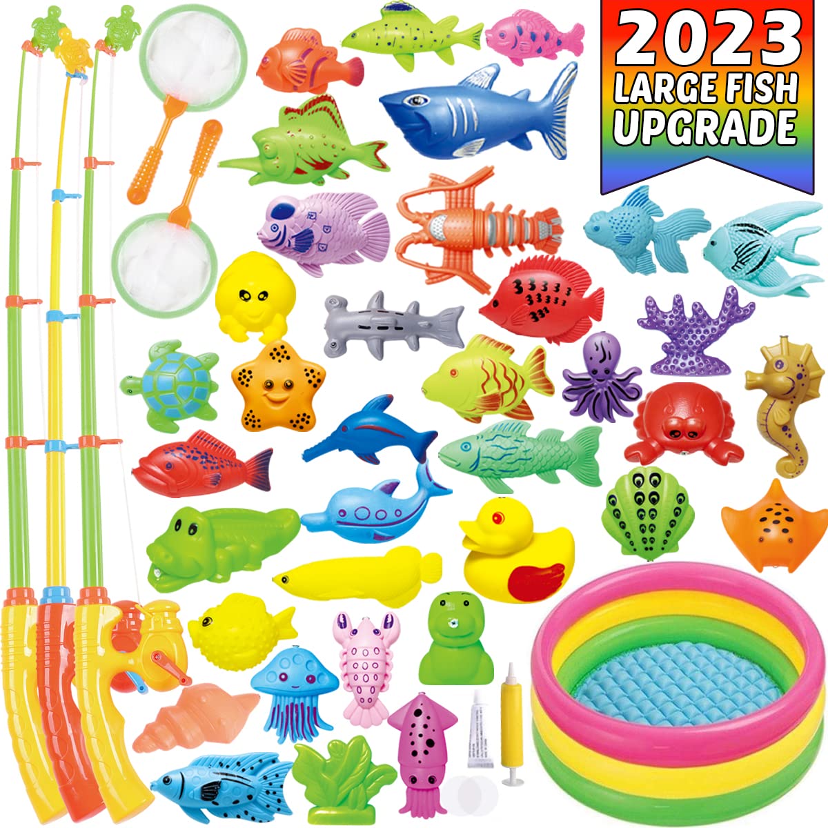 CozyBomB Magnetic Fishing Toys Game Set for Kids | Water Table Bathtub Kiddie Pool Party with Pole Rod Net, Plastic Floating Fis