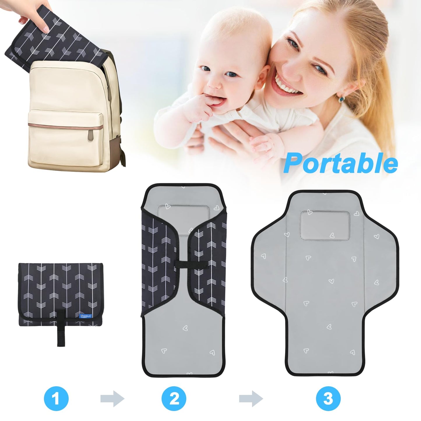 Baby Portable Changing Pad Travel - Waterproof Compact Diaper Changing Mat With Built-In Pillow - Lightweight & Foldable Changin
