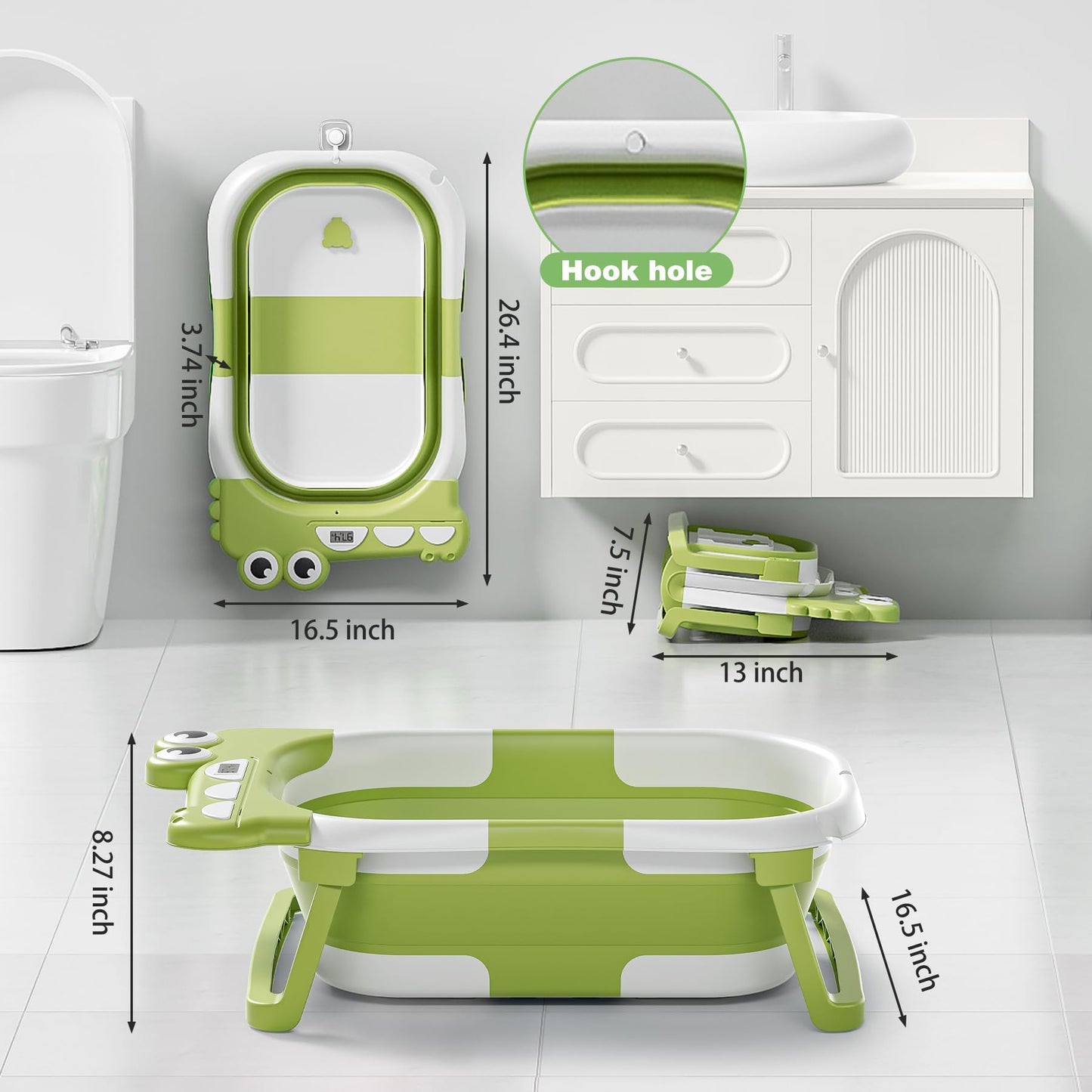 Alligator Collapsible Baby Bathtub For Newborn With Thermometer & 1 Soft Floating Cushion & Drain Hole, Foldable & Portable Trav