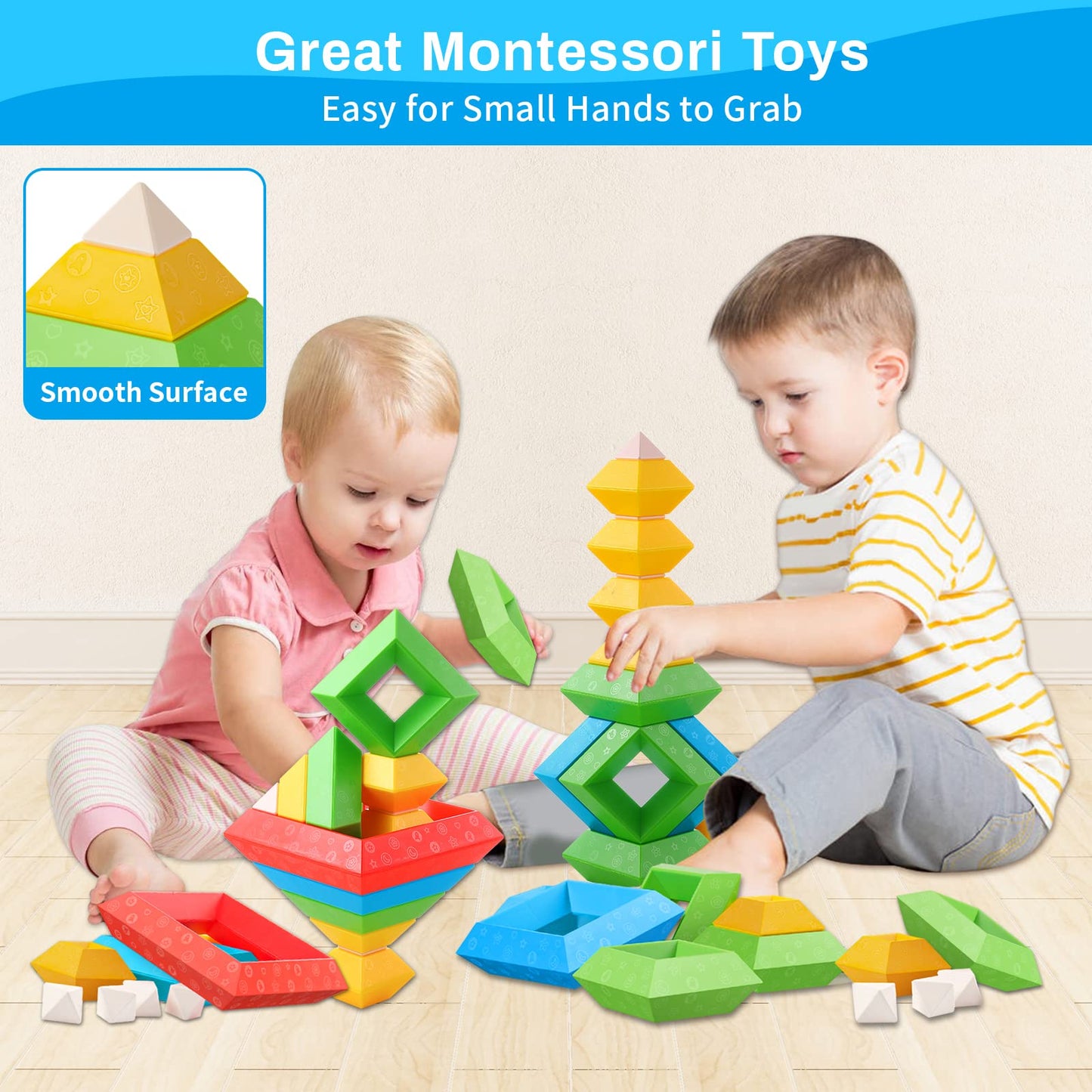 Hieoby Montessori Toys for 1 2 3 4 Year Old Boys Girls Toddlers Preschool Learning Activities 30Pcs Building Blocks Stacking Edu