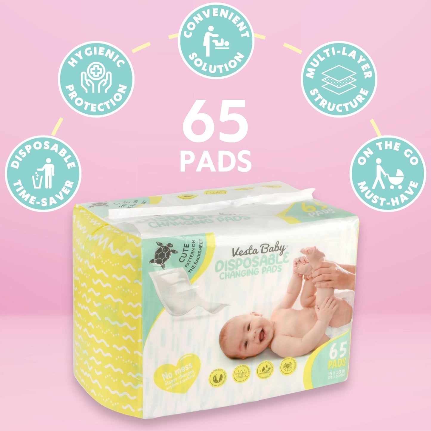 Vesta Baby Disposable Changing Pads (65 Pack) - Soft Absorbent Leak Proof Pee Mats - White Portable Diaper Change Underpads For