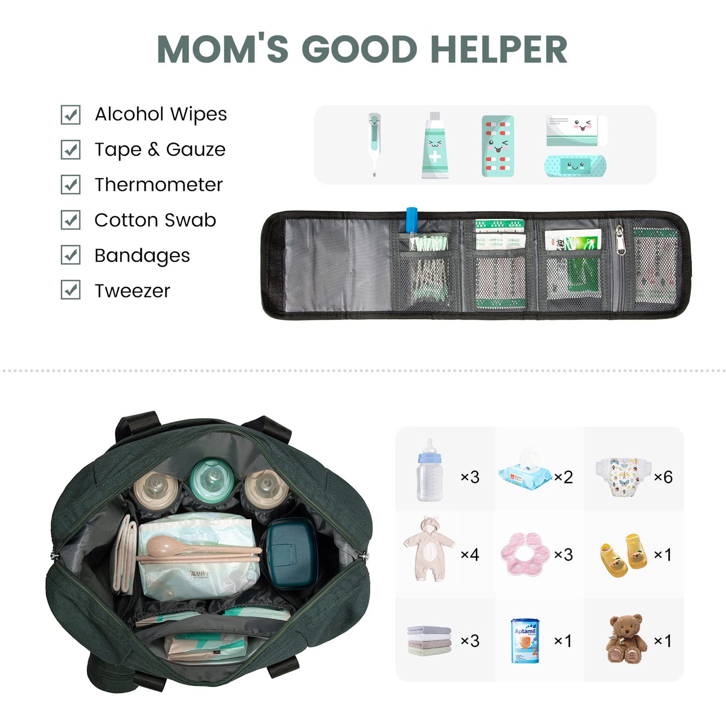 Lovevook Diaper Bag Tote, Large Baby Tote Bag, Travel Diaper Tote For Mom And Dad With Changing Pad And First Aid Bag,Green