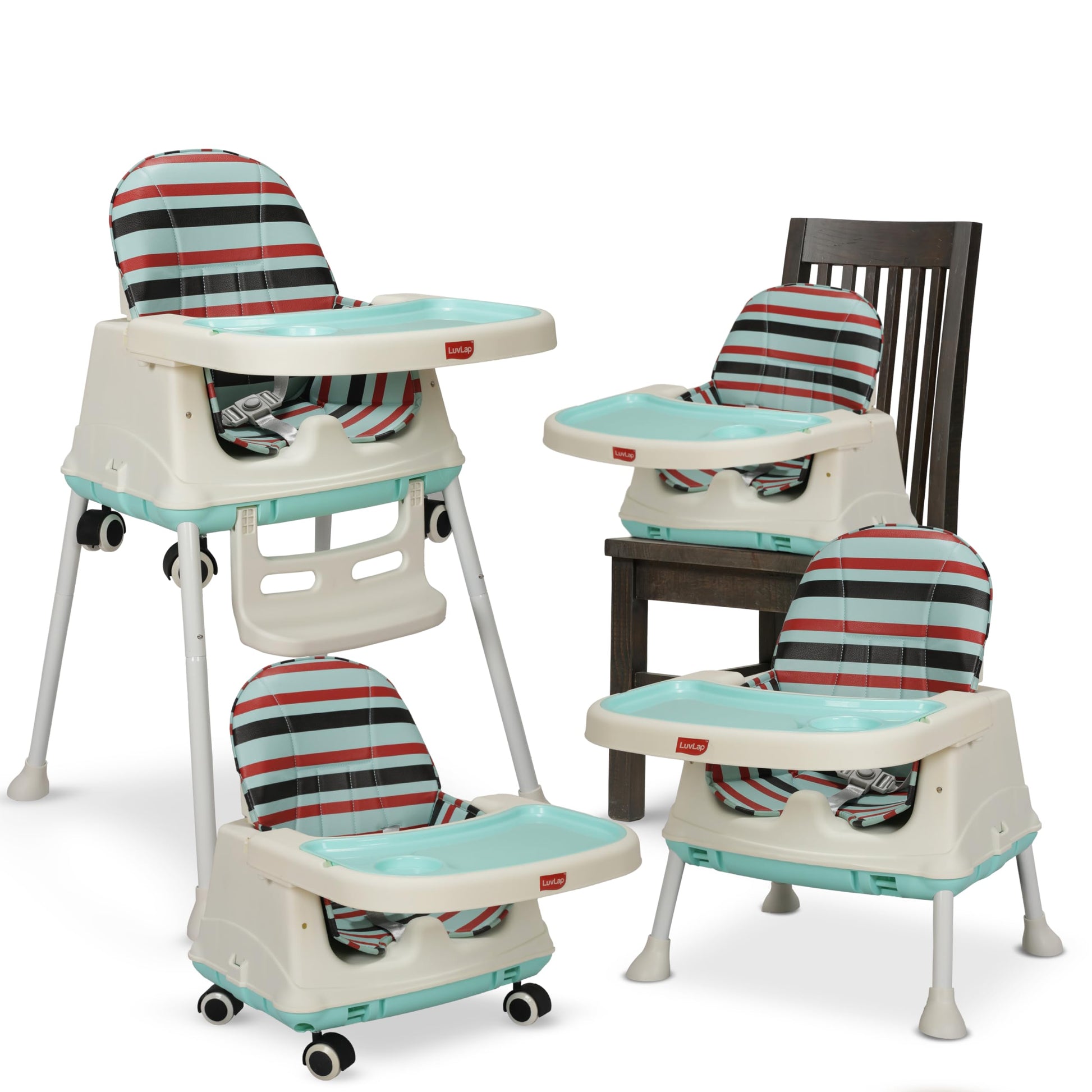 Luvlap 4 In 1 Convertible Baby High Chair With Printed Cushion, 5 Point Safety Belts, High Chair, Low Chair, Booster Chair And T
