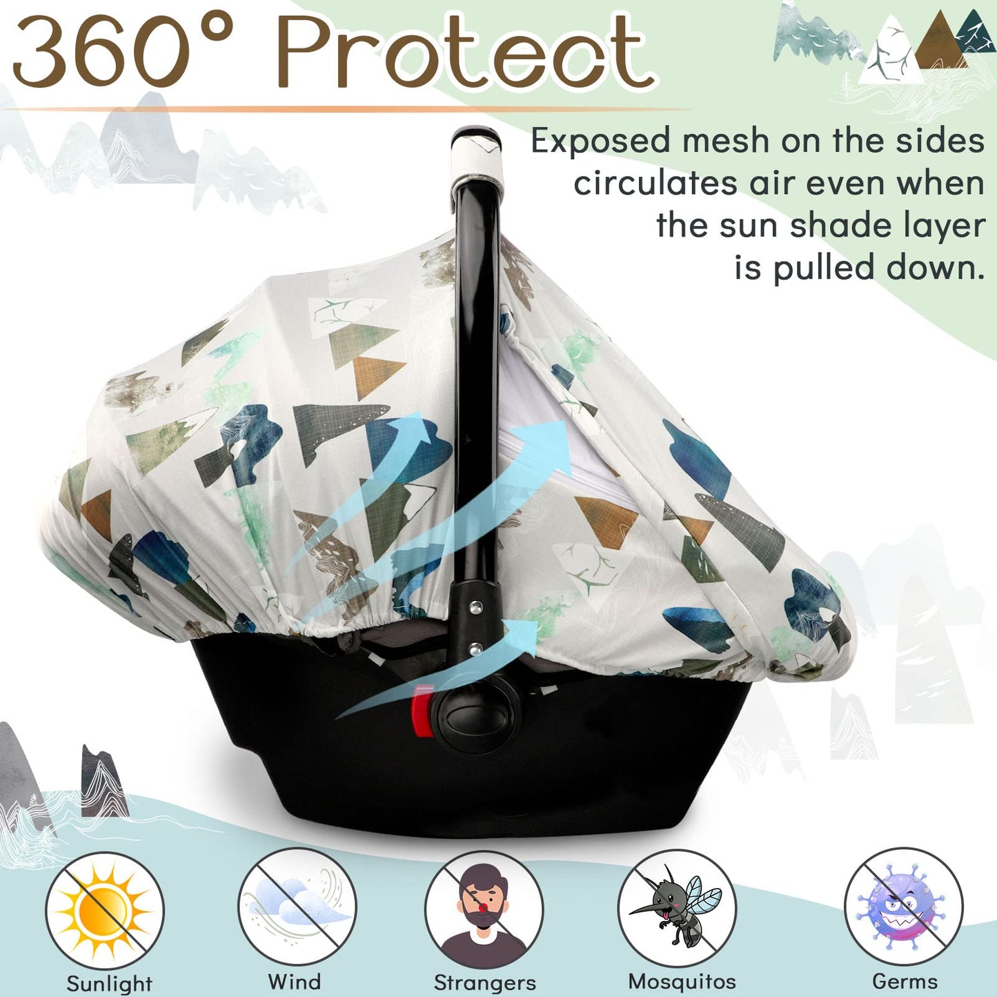 Baby Car Seat Cover, Adventure Mountains Carseat Canopy For Babies, Infant Carseat Cover, Summer Cozy Net Cover, Universal Fit,