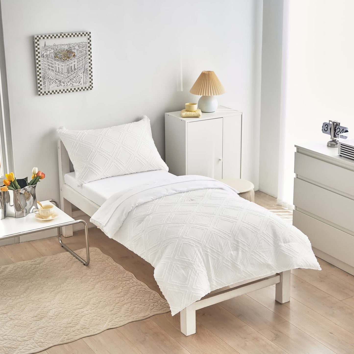 4 Pieces Tufted Toddler Bedding Set Solid White Jacquard Tufts, Soft And Embroidery Shabby Chic Boho Bohemian Design For Baby Bo