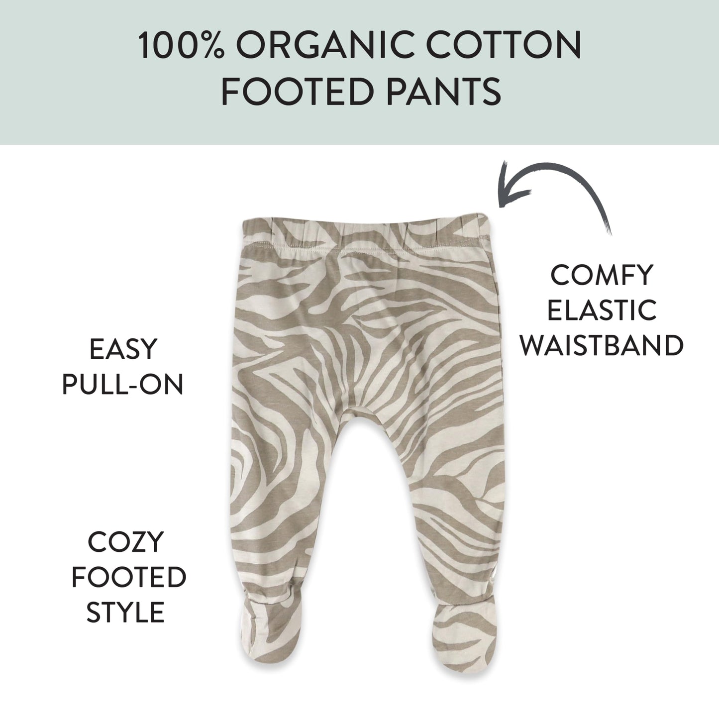 Honestbaby 3-Pack Footed Pants Roomy Fit Pull On Bottoms 100% Organic Cotton For Infant Baby Boys, Girls, Unisex, Zanzibar Zebra