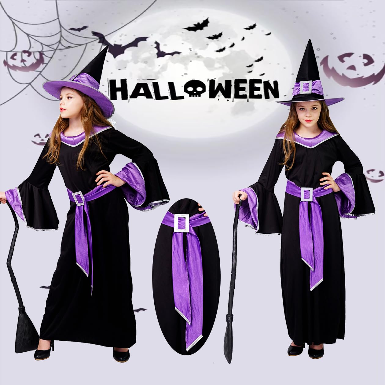 Dsplay Girl'S The Glamour Witch Dress Halloween Costumes (7-9Y, Purple)
