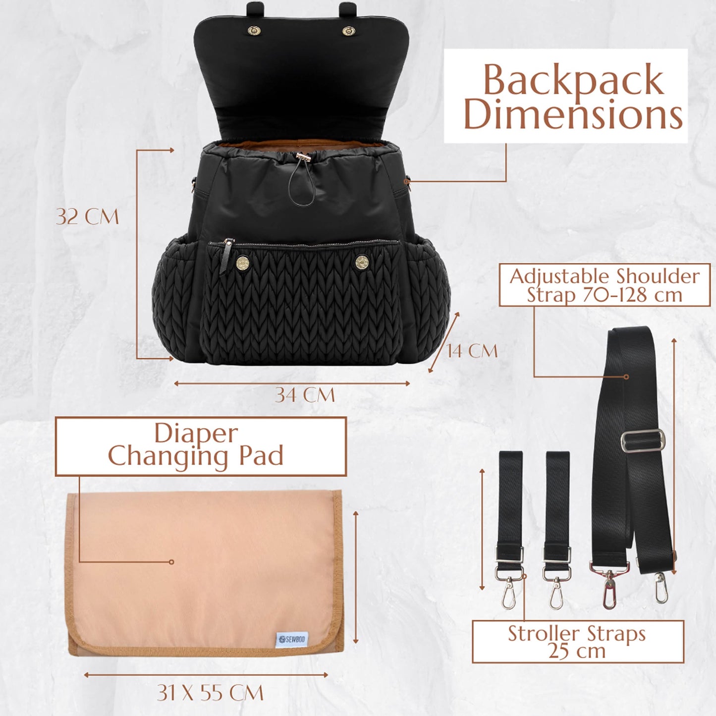 Sewboo Diaper Bag Backpack Large Capacity Travel Mommy Bag Waterproof And Stylish With Changing Pad Baby Bag For Women And Girls