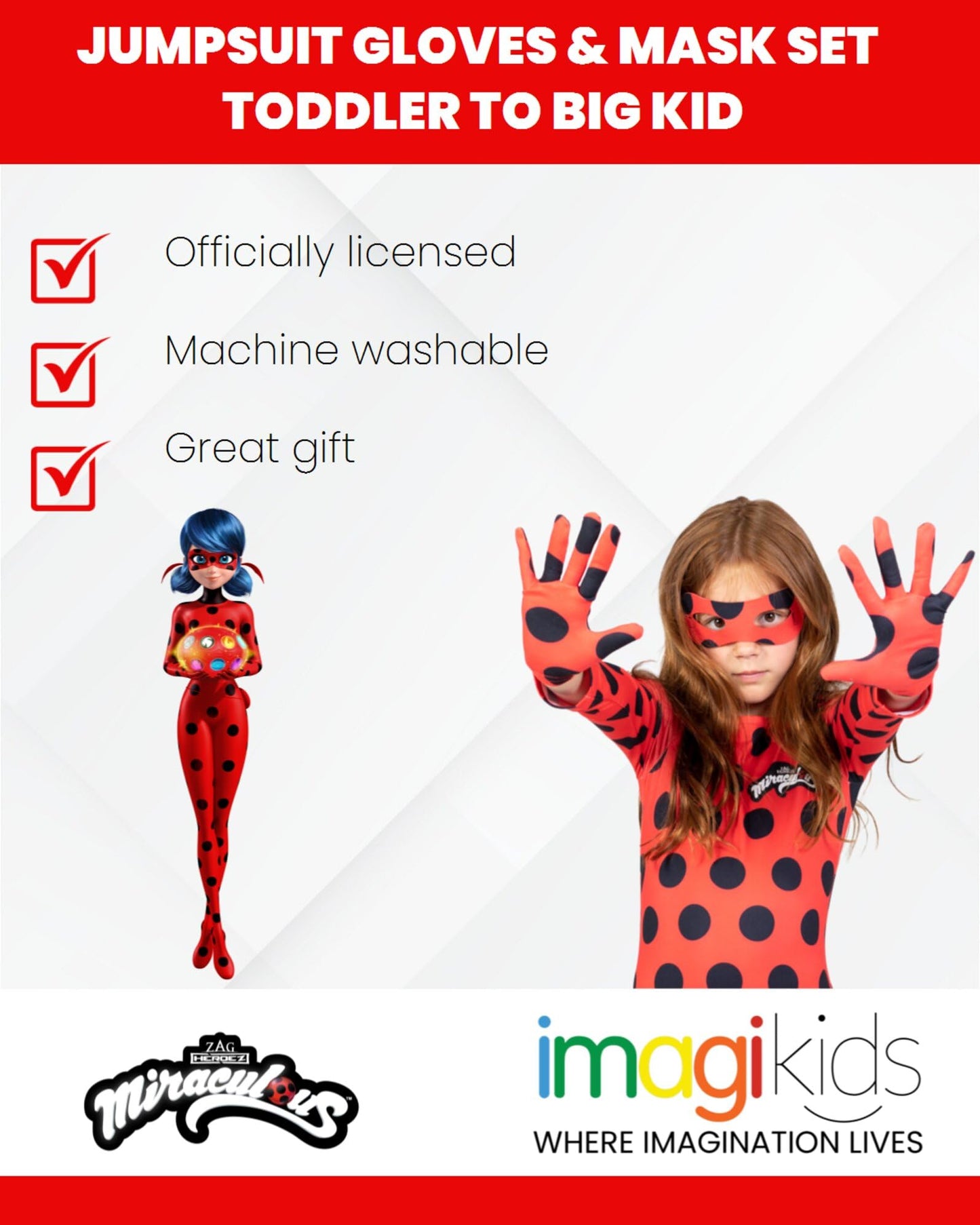 Miraculous Ladybug Little Girls Cosplay Jumpsuit Gloves And Mask 3 Piece Costume Set Polka Dots Red 6-6X