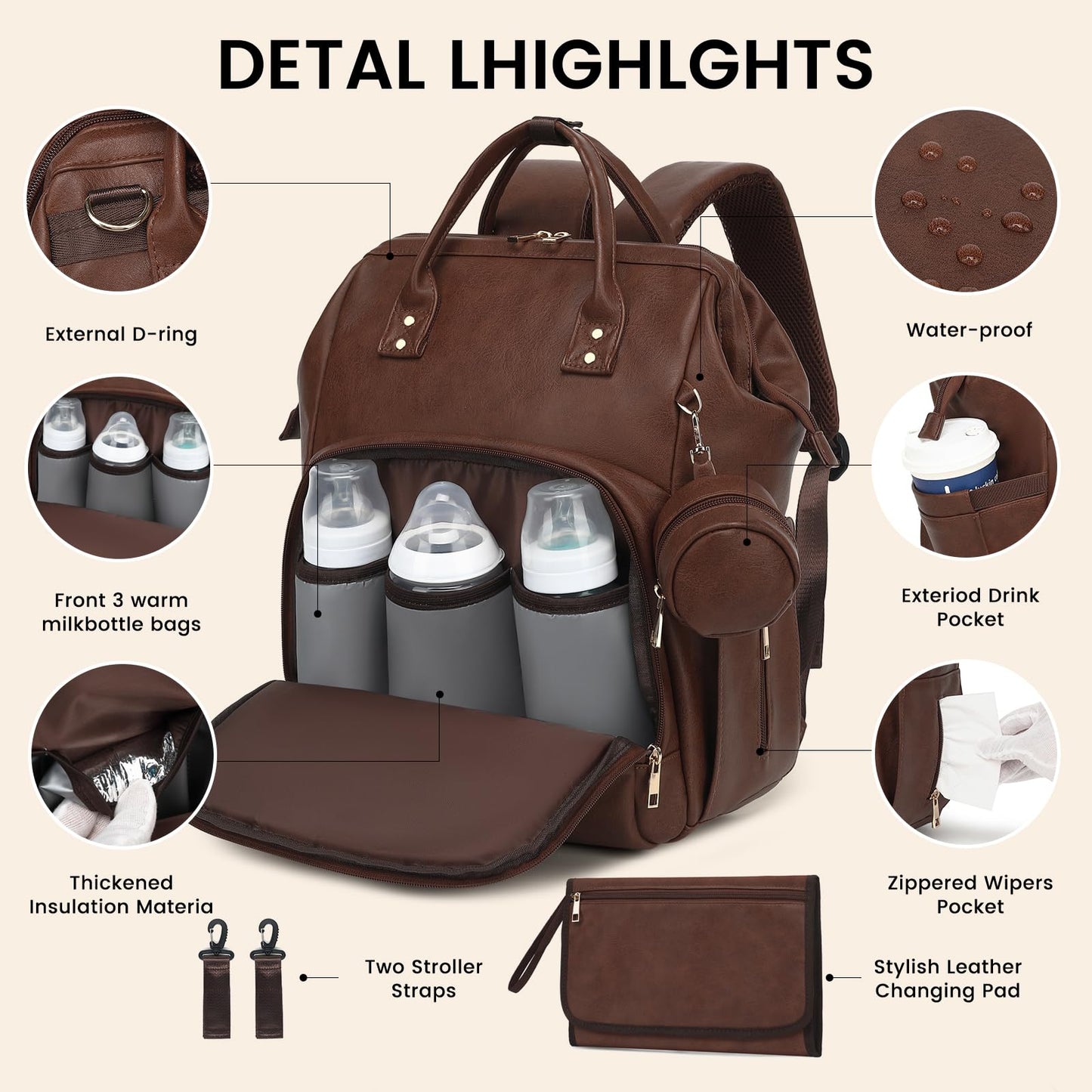 Rosegin Premium Vegan Leather Diaper Bag Backpack With Waterproof Changing Pad - Reinforced Stitching & Zippers, Baby Bag For Bo