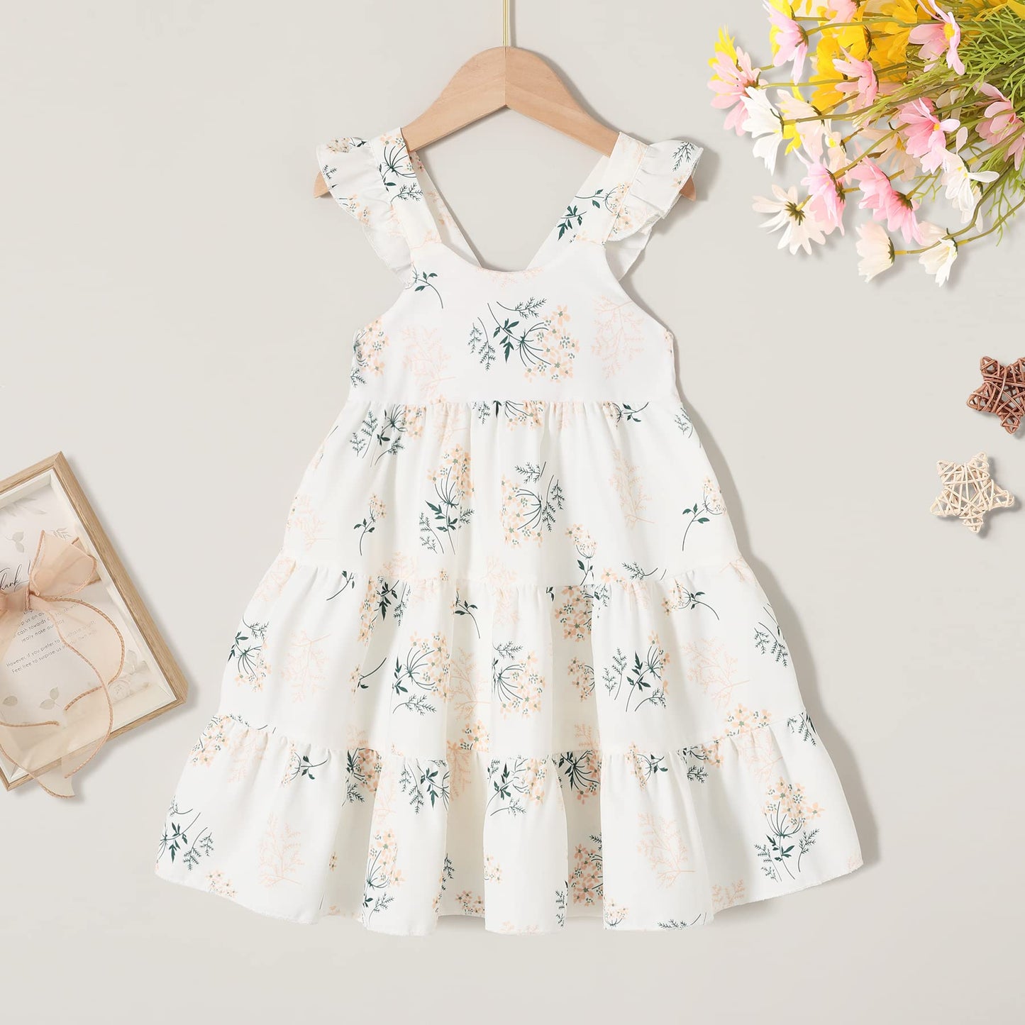Younger Tree Toddler Baby Girls Infant Clothes Floral Flutter Sleeve Princess Dress Summer Cotton Line Skirts For Girls(3-4T,Whi