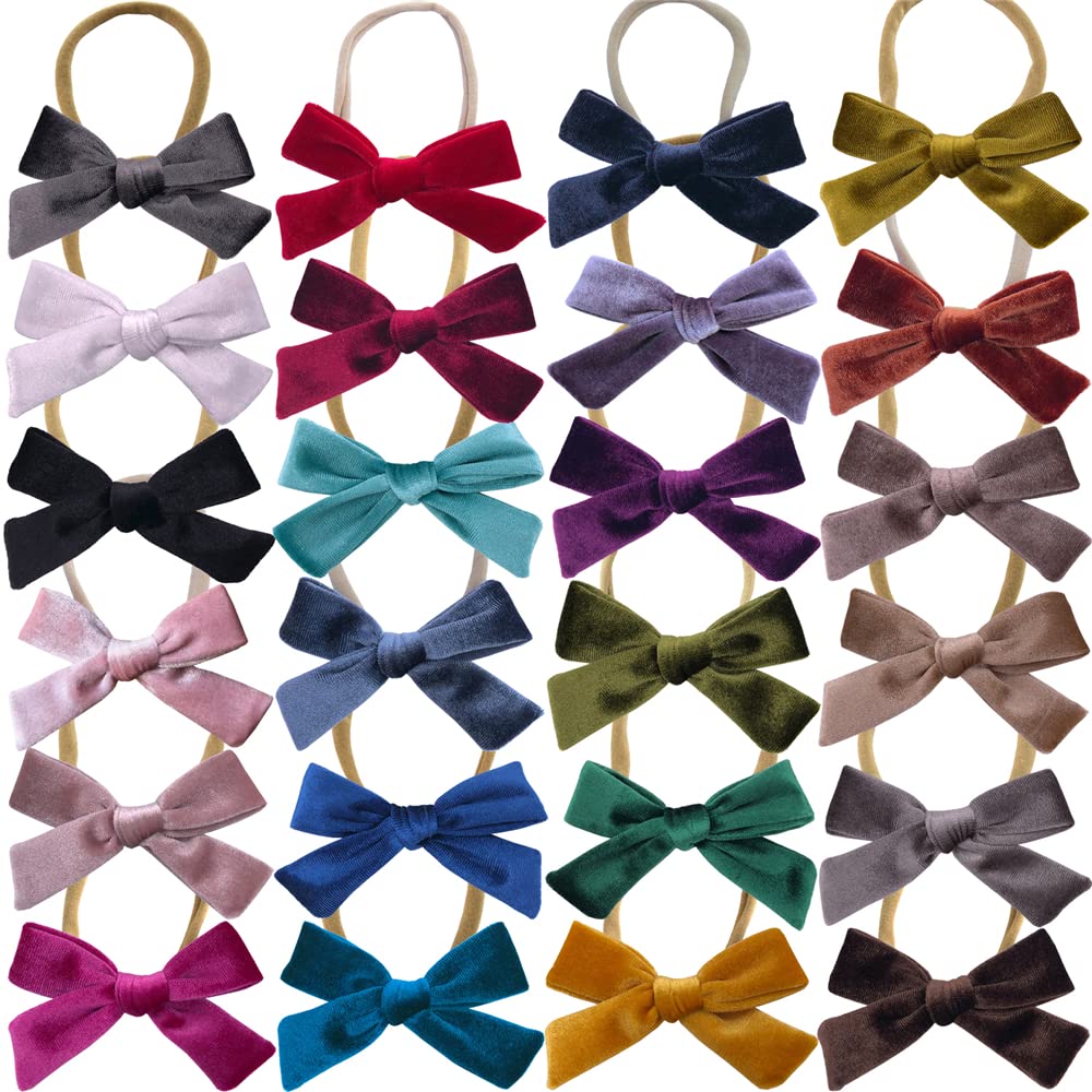 Sugarmelon Baby Girl Velvet Hair Bows And Headbands, Soft Stretchy Nylon Hairbands For Newborn Infant Toddlers, 24 Colors, 3.5'
