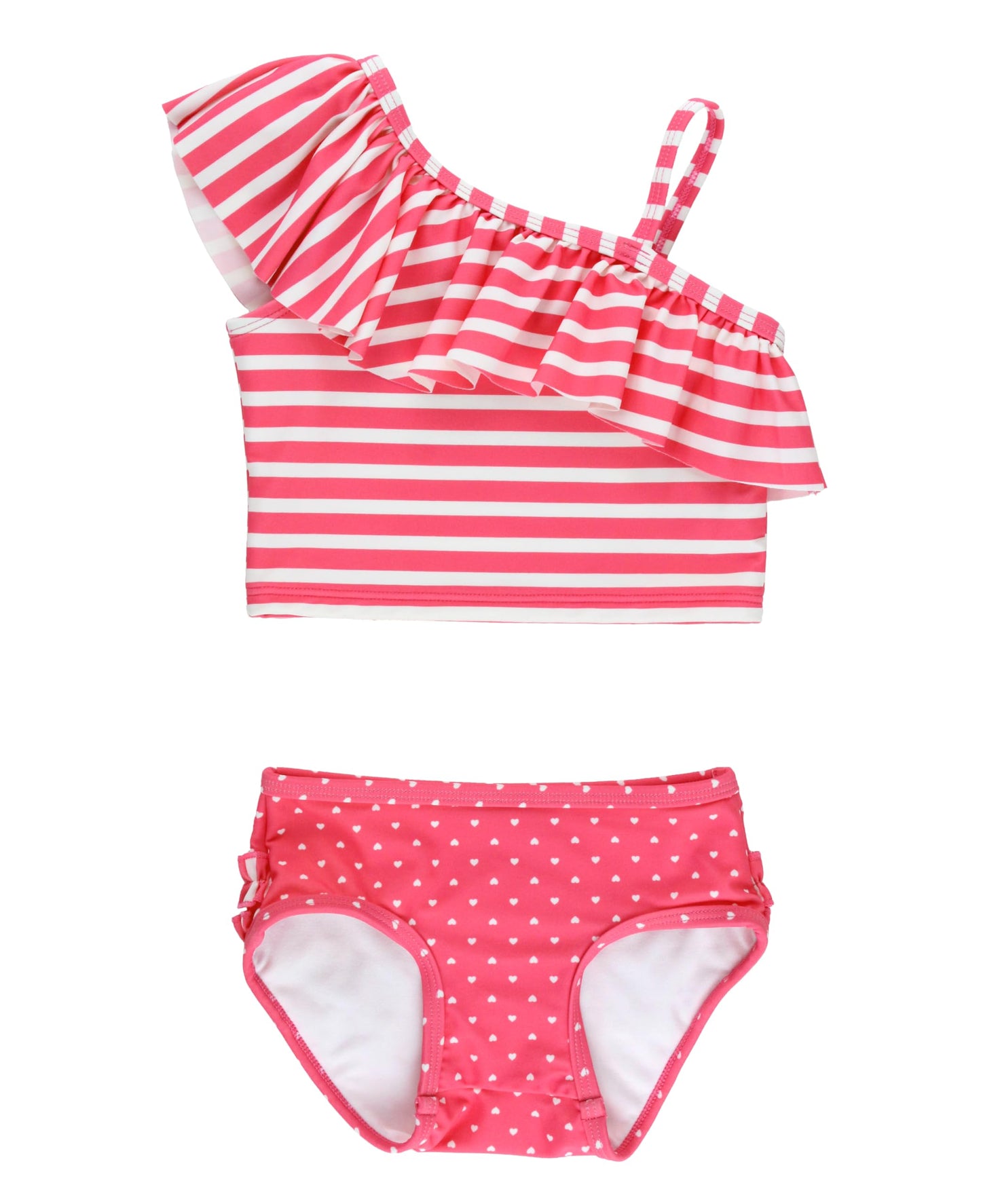 Rufflebutts - Hot Pink Heart One Shoulder Ruffle Tankini - 2T
