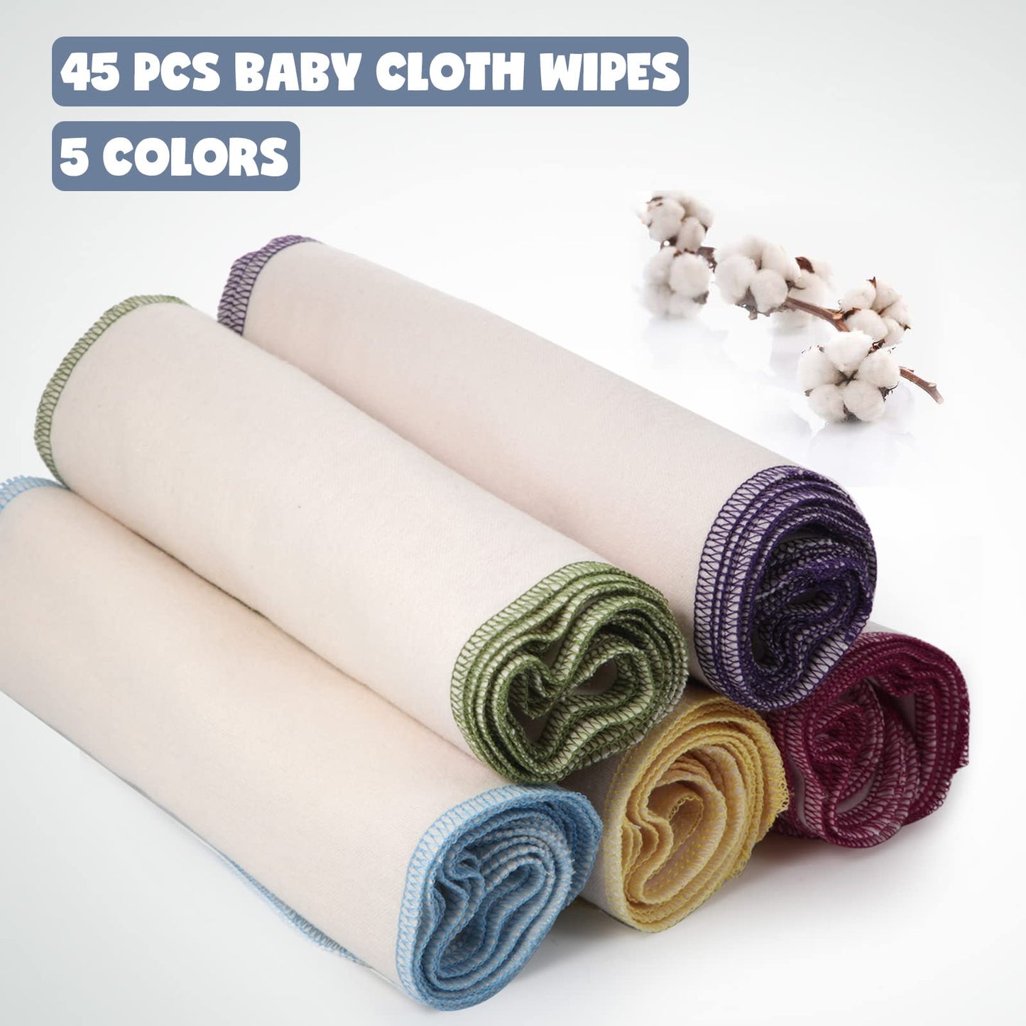 Mimorou 45 Pcs Flannel Cloth Baby Wipes Reusable Baby Diapers Wipes Washable Natural Unbleached Baby Face Wipes Soft And Sturdy